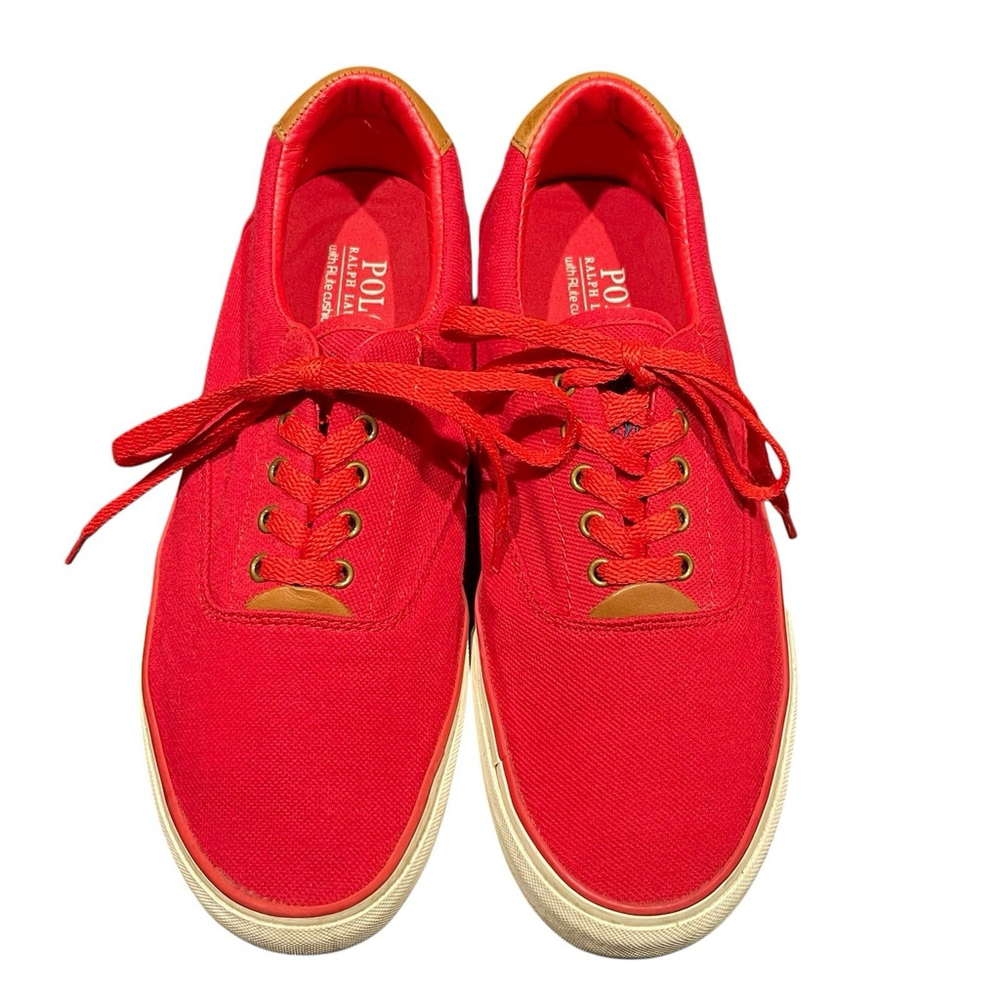 Polo Ralph Lauren Thornton II Pique Shirt Fabric Lace Up Shoes Mens Sz 9.5 Red